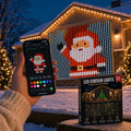 Merry Glow LED curtain showing Santa across the house, controlled from the phone app