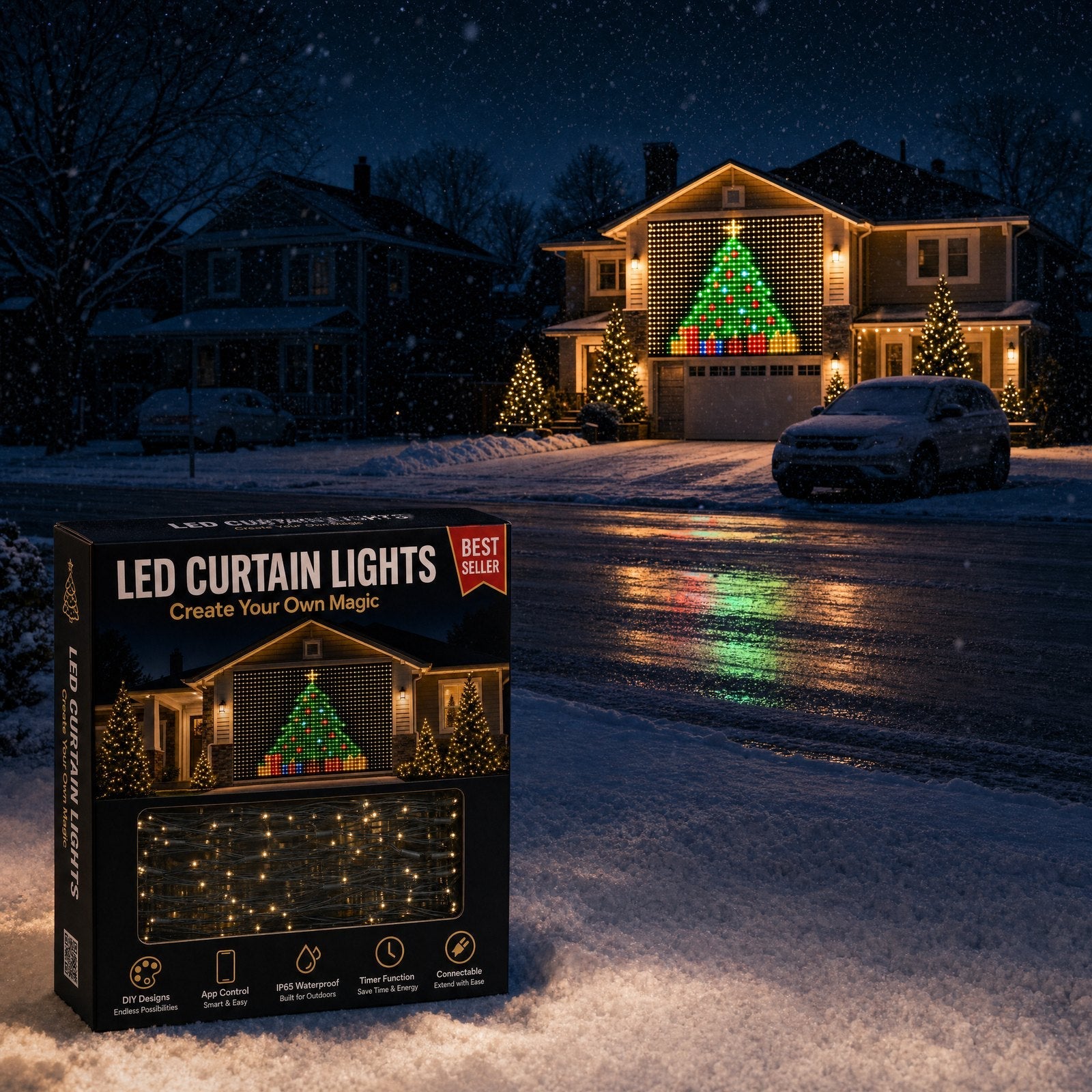 The only house on the street lit up, thanks to the Merry Glow curtain