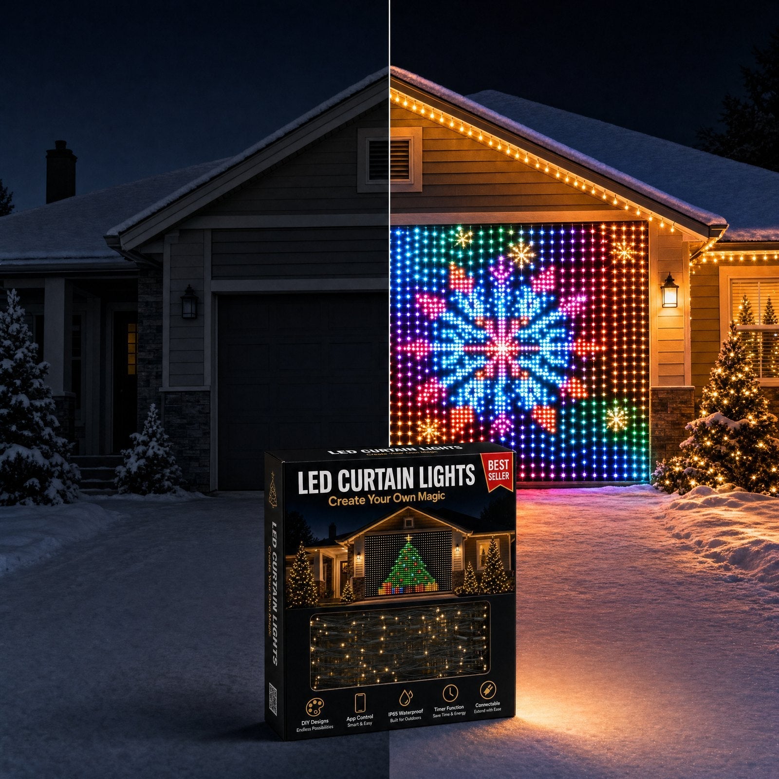 The same house before and after the Merry Glow curtain goes up