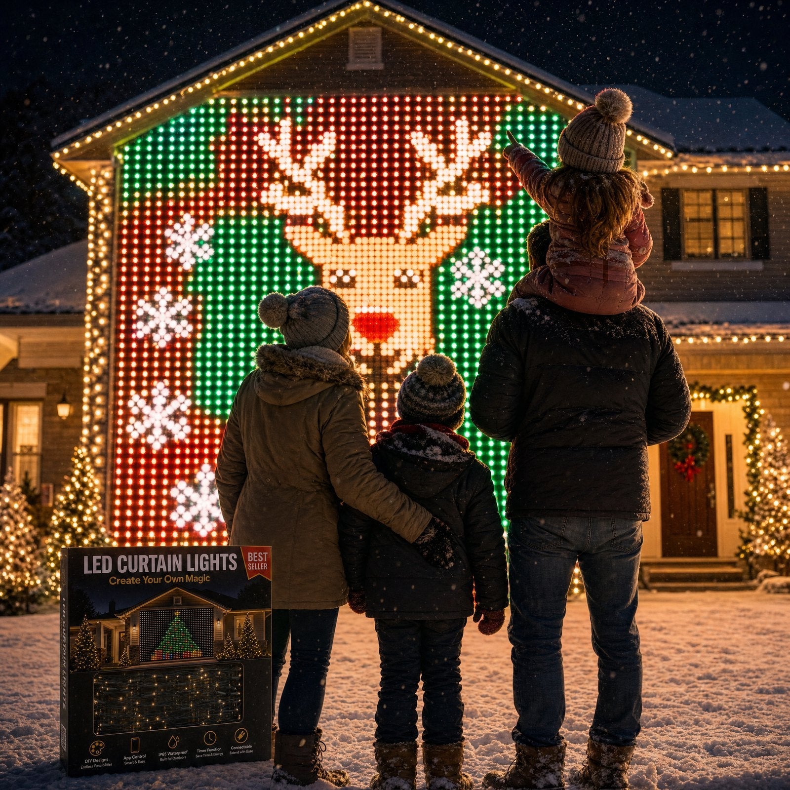 A family watching their house light up with a reindeer scene