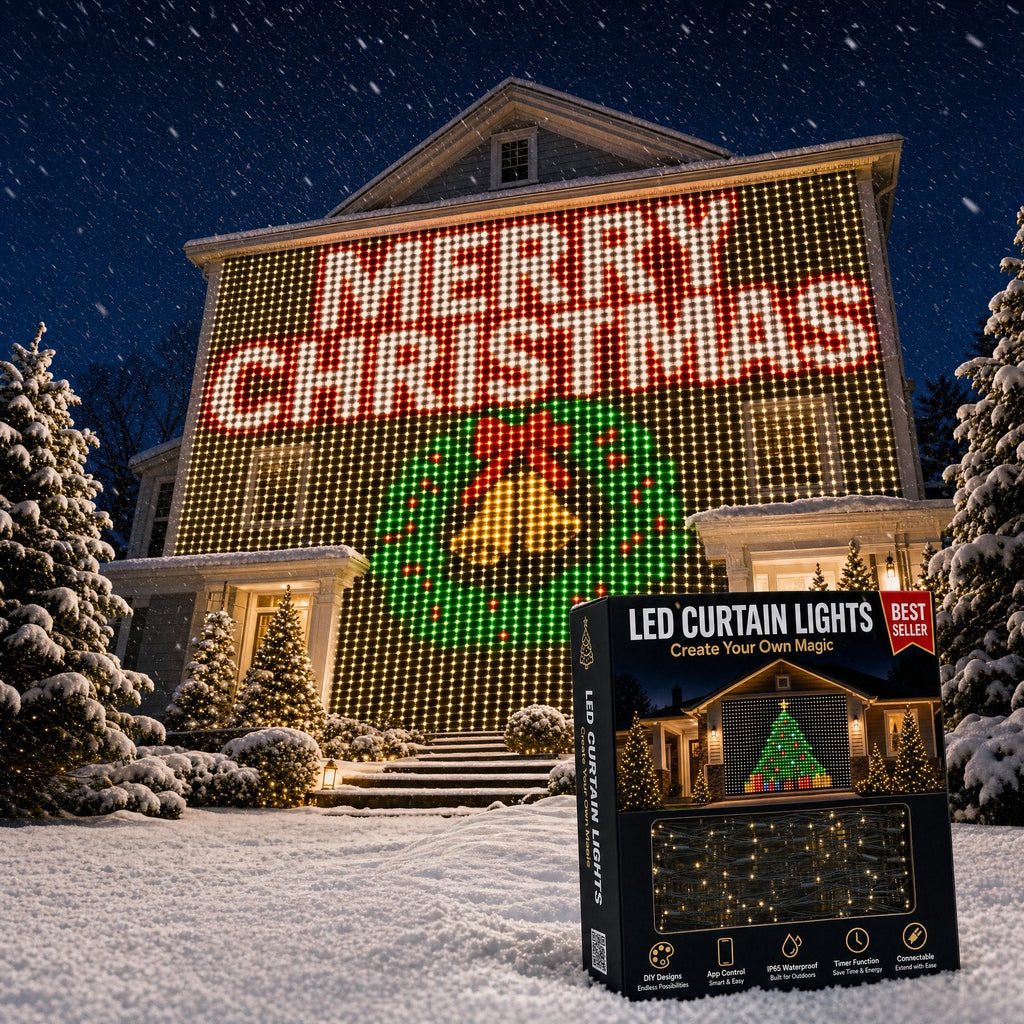MERRY CHRISTMAS spelled out across the whole facade