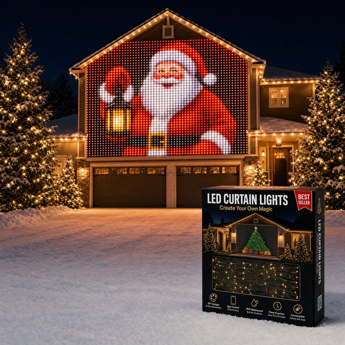 Santa scene animated across the house facade at night